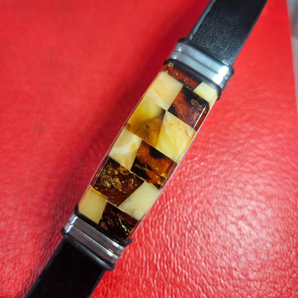 Ewa Plachta Baltic Amber Stainless Steel Leather Checkerboard Bracelet Unisex‎